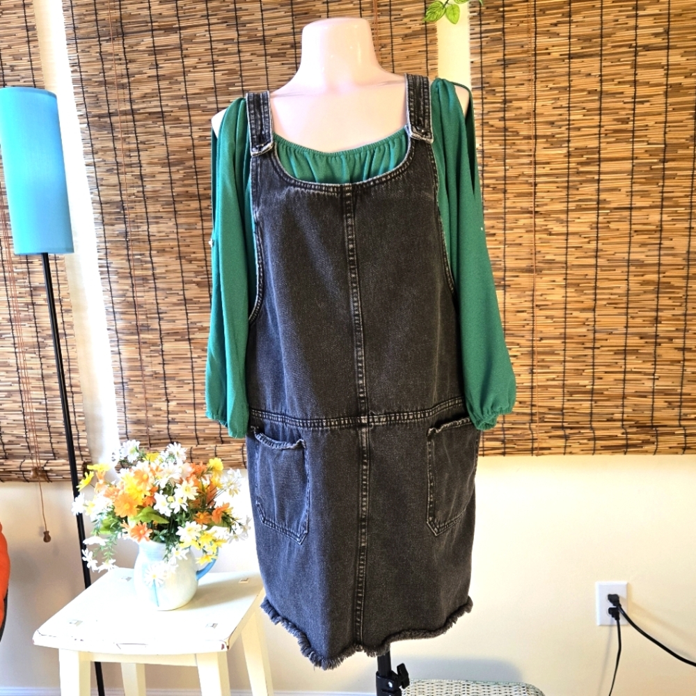 SO Bib Overall Pinafore Dress Raw Hem Pockets